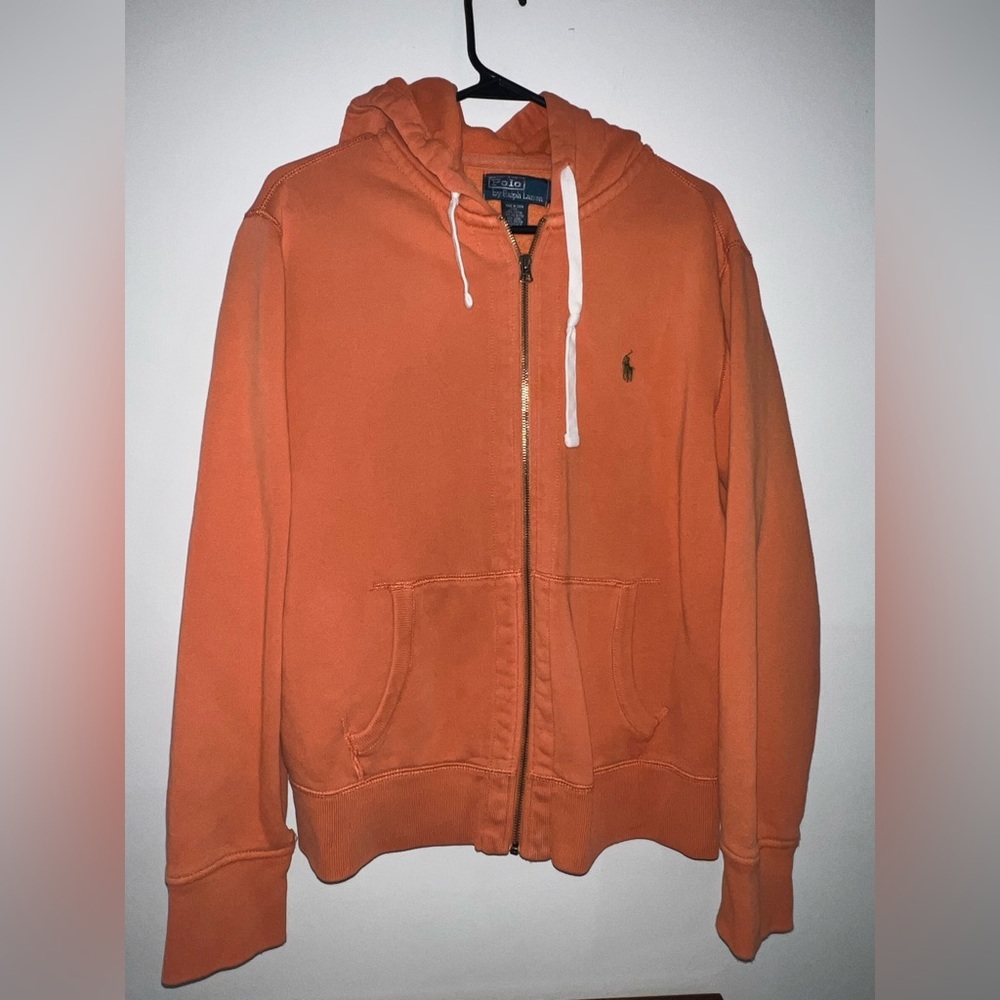Vintage Polo Ralph Lauren Hoodie Mens Size M Orange Thermal Waffle Full Zip